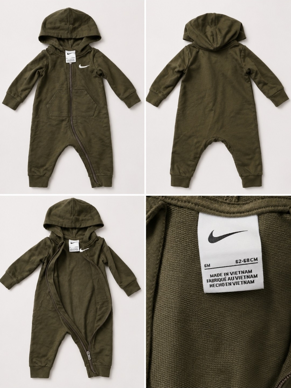Nike Olive Green Baby Hooded One-Piece Romper